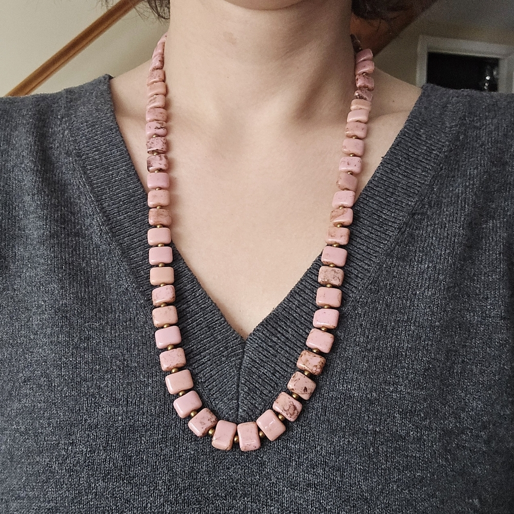 Vintage Peruvian Pink Opal Beaded Boho Bohemian Gemstone Bead Necklace - Picture 6 of 9